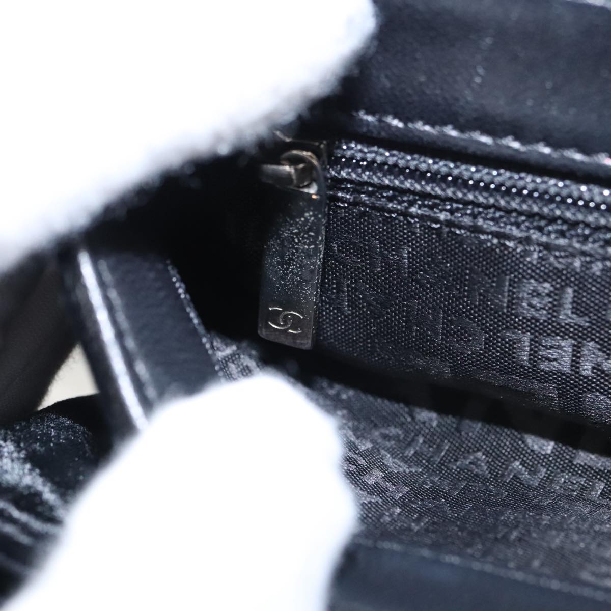 CHANEL Chain Camelia Shoulder Bag Velor Leather Black Silver CC yk16500