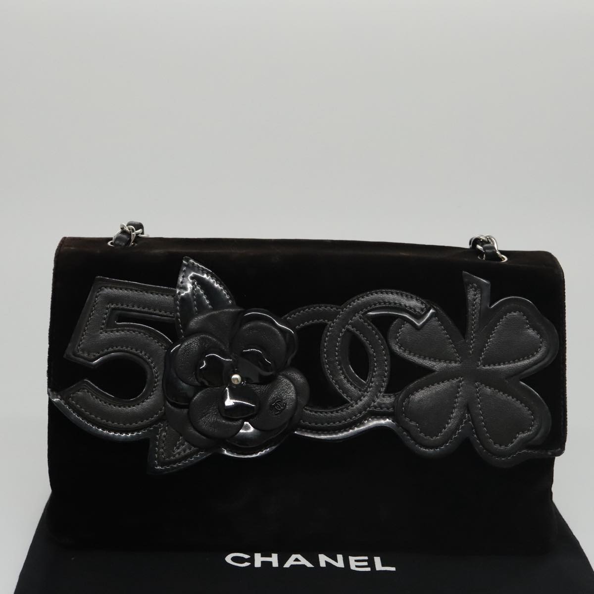 CHANEL Chain Camelia Shoulder Bag Velor Leather Black Silver CC yk16500