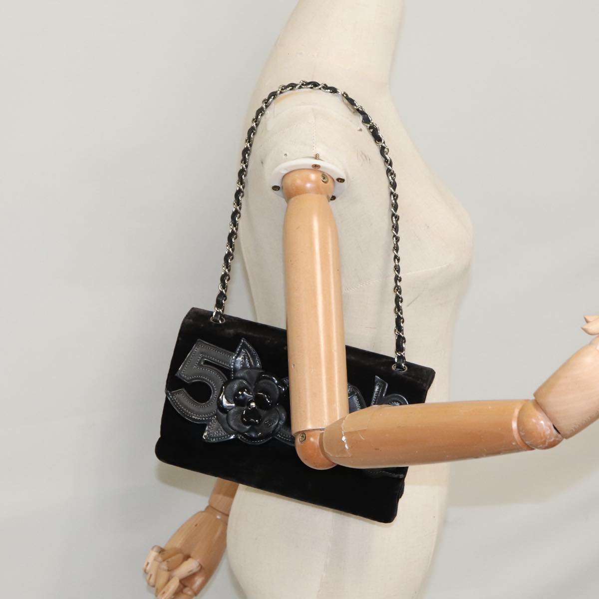 CHANEL Chain Camelia Shoulder Bag Velor Leather Black Silver CC yk16500