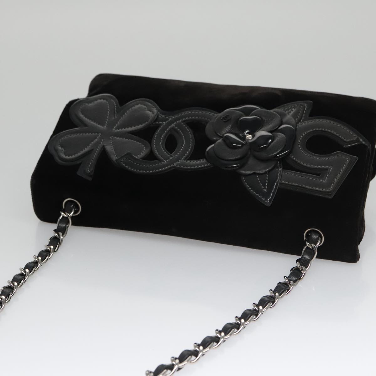 CHANEL Chain Camelia Shoulder Bag Velor Leather Black Silver CC yk16500