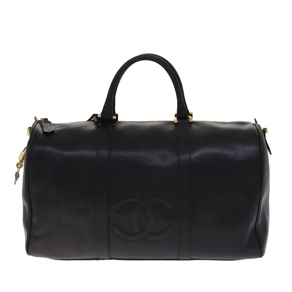 CHANEL COCO Mark Boston Bag Caviar Skin Black Gold CC yk16646