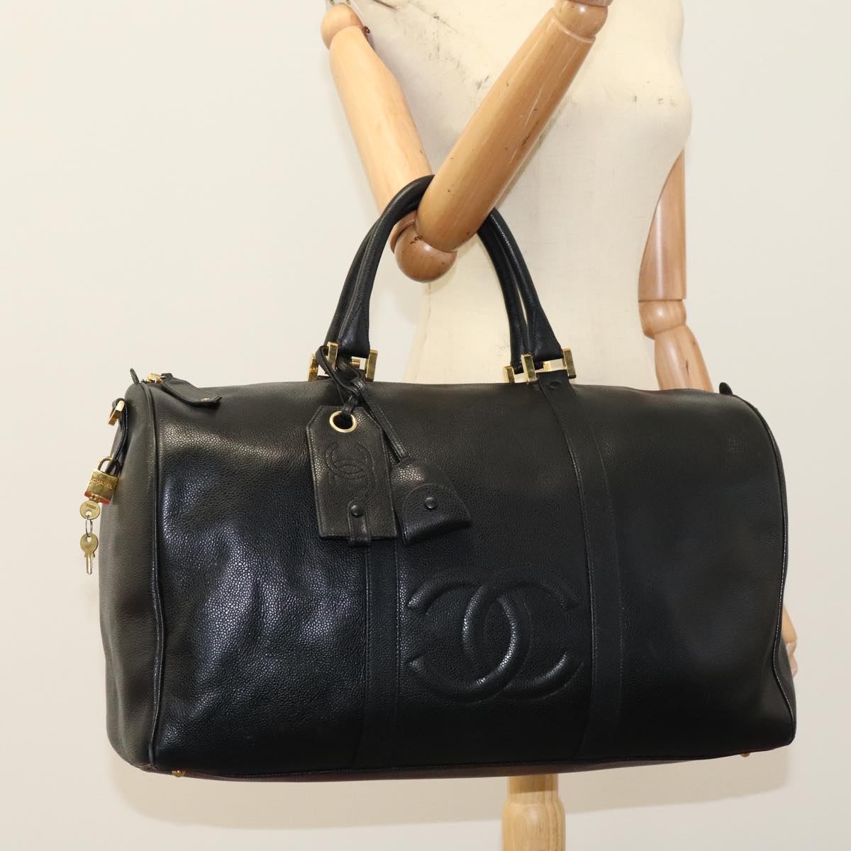 CHANEL COCO Mark Boston Bag Caviar Skin Black Gold CC yk16646