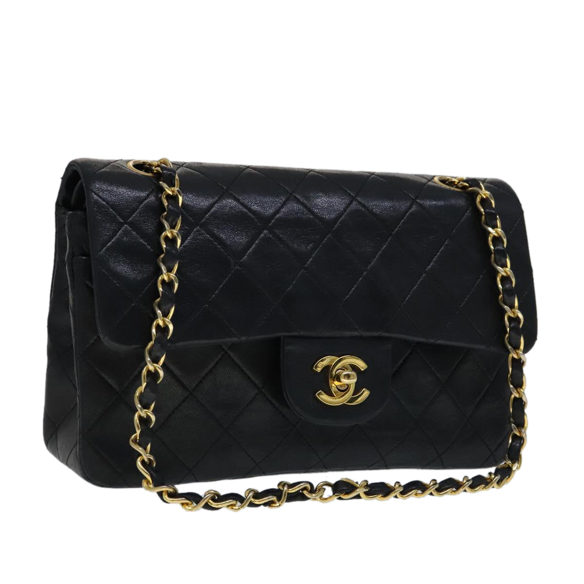 CHANEL Matelasse 23 Double Flap Chain Bag Lamb Skin Black Gold CC yk16744A