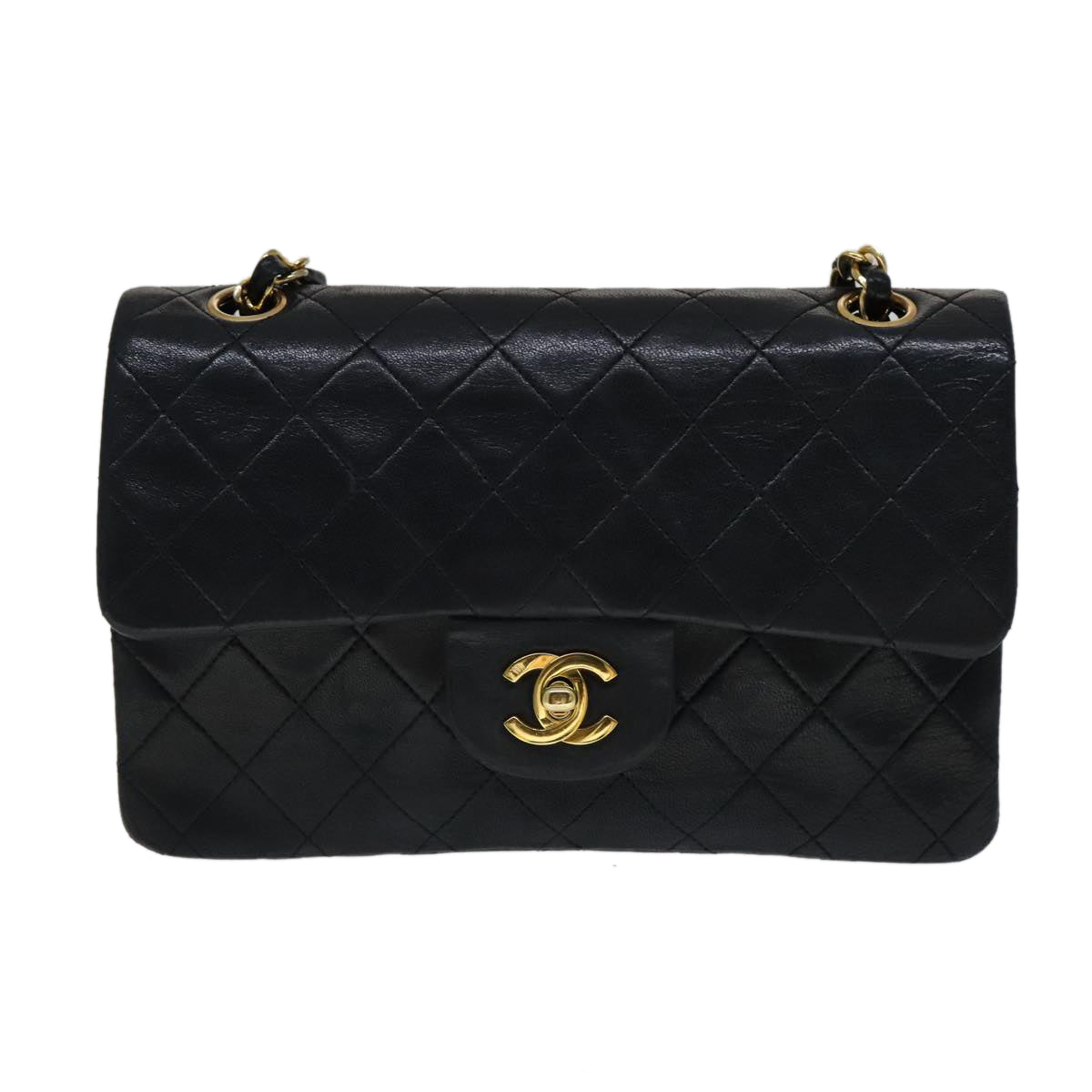 CHANEL Matelasse 23 Double Flap Chain Bag Lamb Skin Black Gold CC yk16744A
