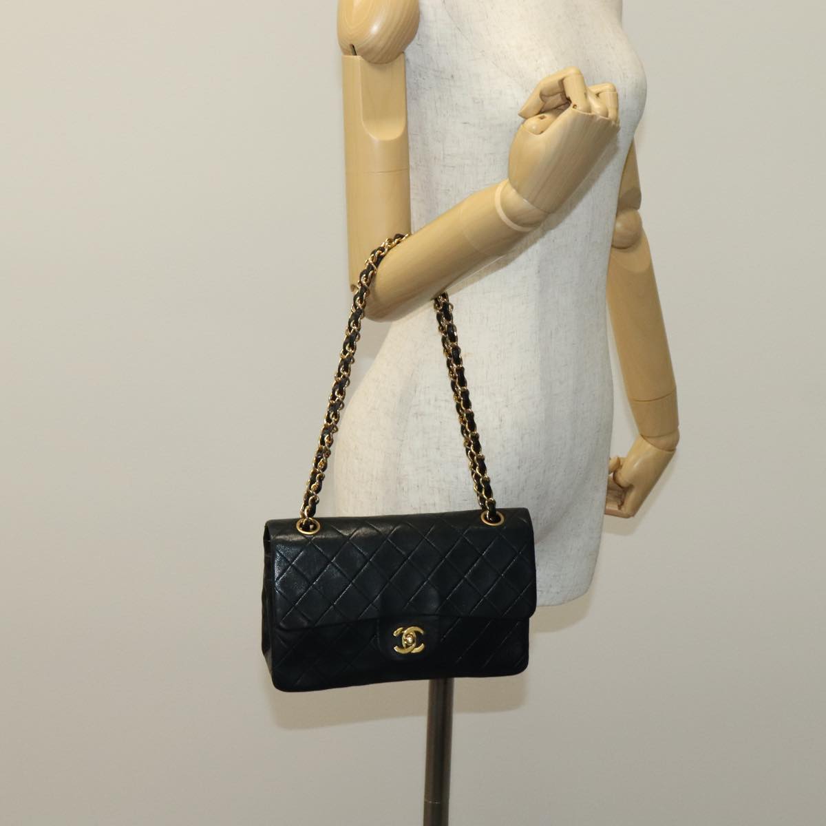 CHANEL Matelasse 23 Double Flap Chain Bag Lamb Skin Black Gold CC yk16744A