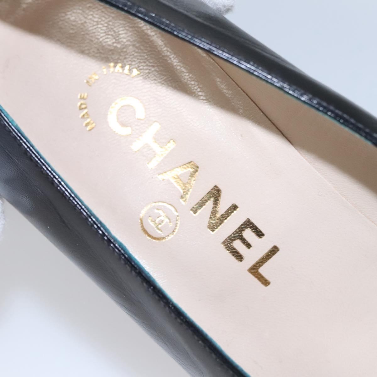 CHANEL COCO Mark Pumps shoes Leather 36 1/2 Black CC yk16951
