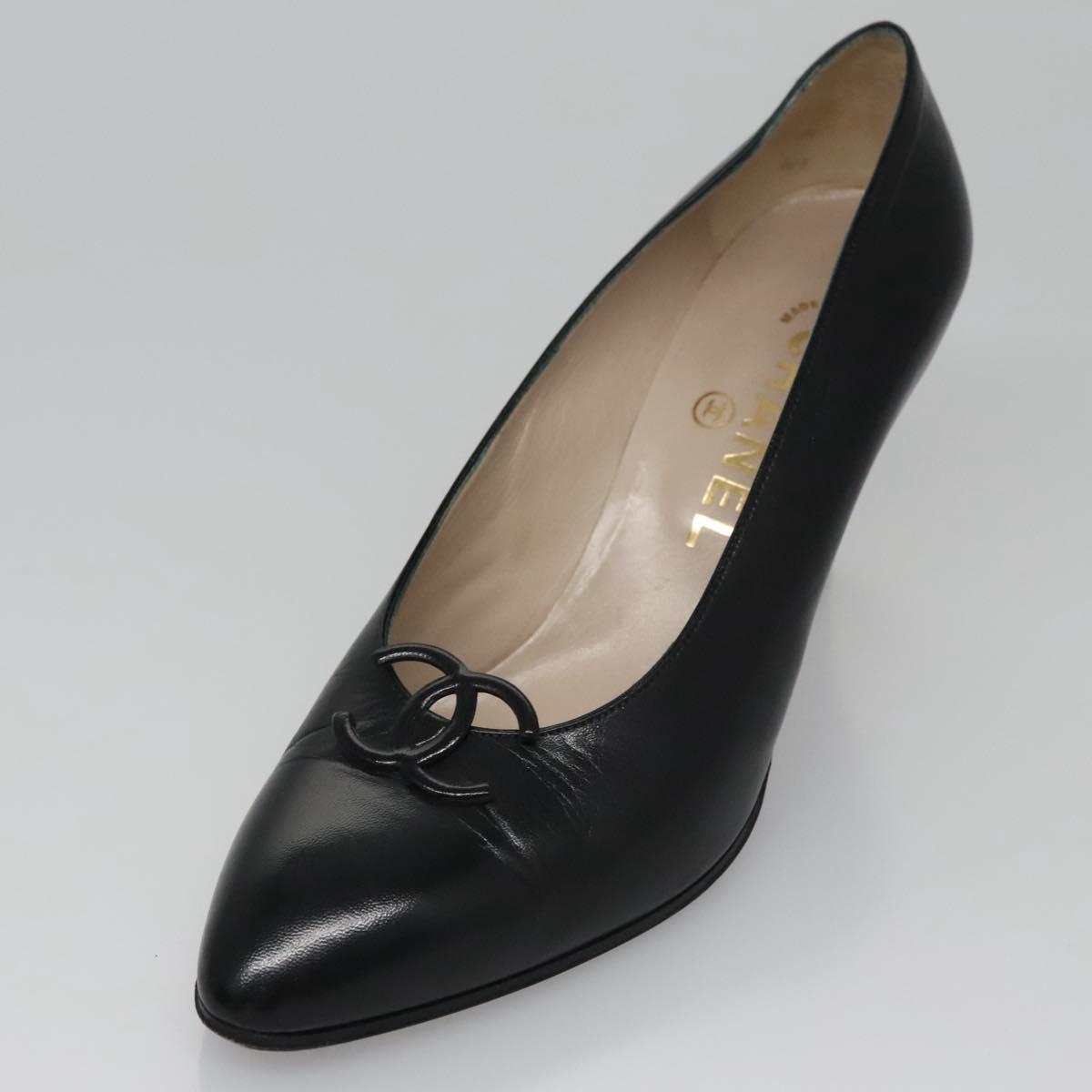 CHANEL COCO Mark Pumps shoes Leather 36 1/2 Black CC yk16951