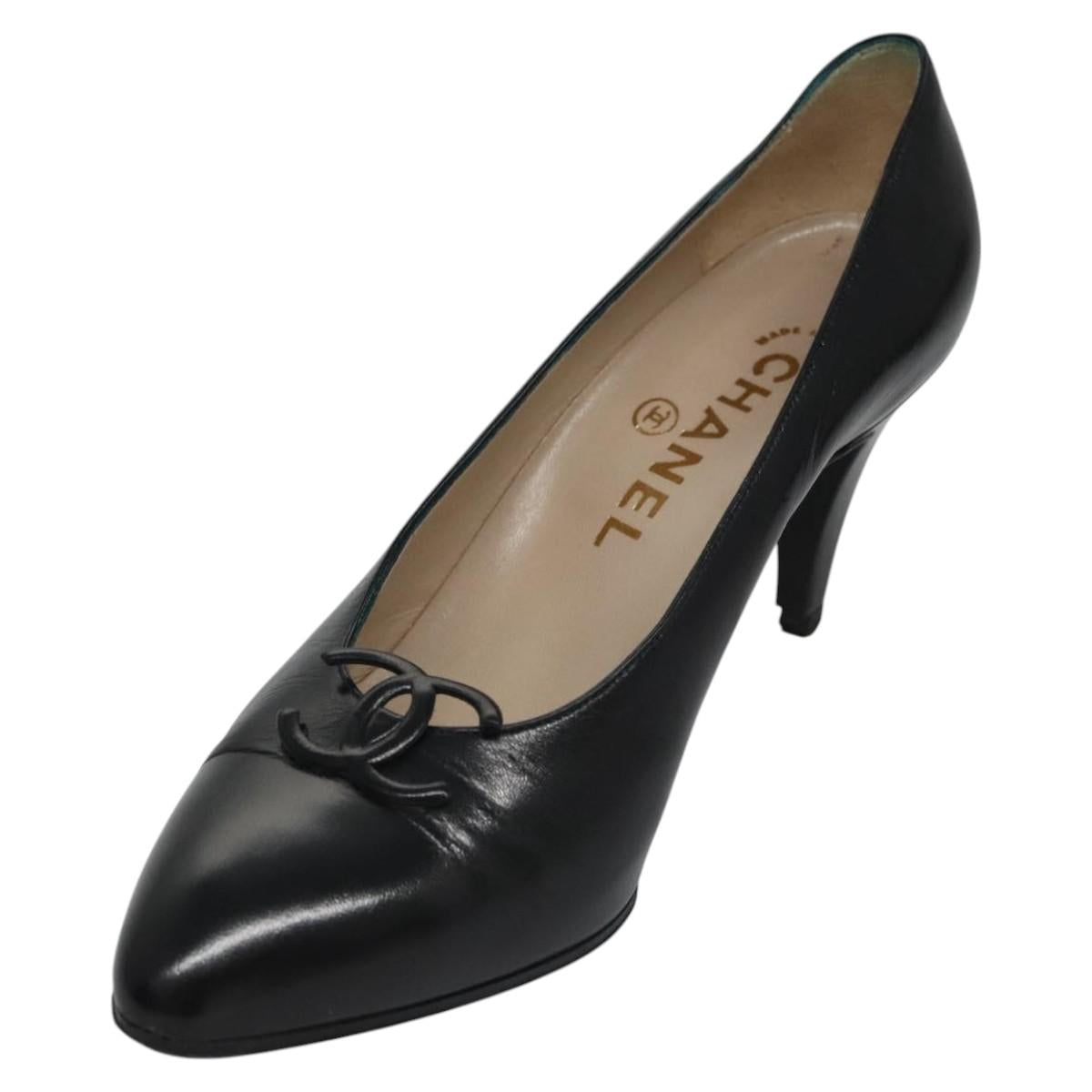 CHANEL COCO Mark Pumps shoes Leather 36 1/2 Black CC yk16951