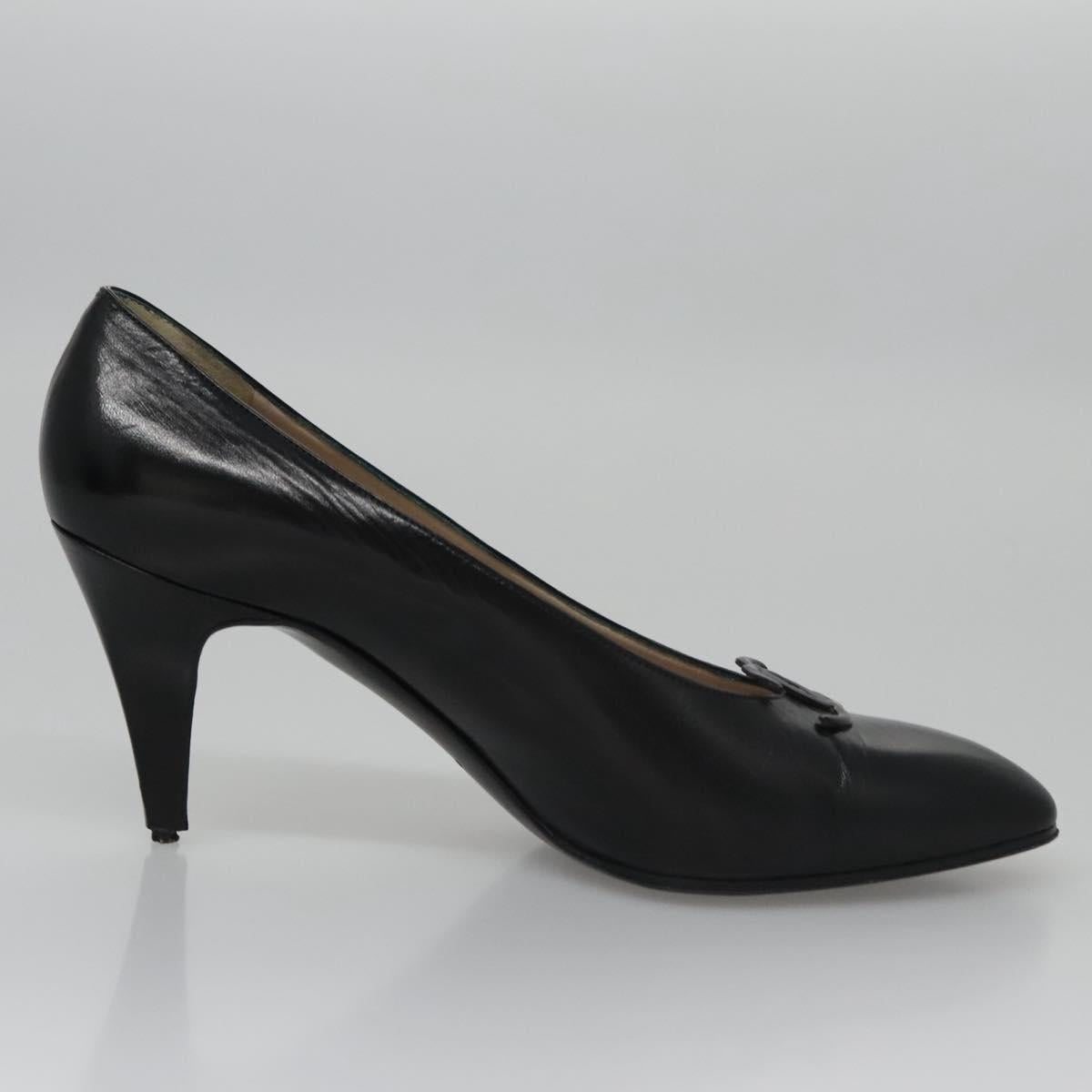 CHANEL COCO Mark Pumps shoes Leather 36 1/2 Black CC yk16951