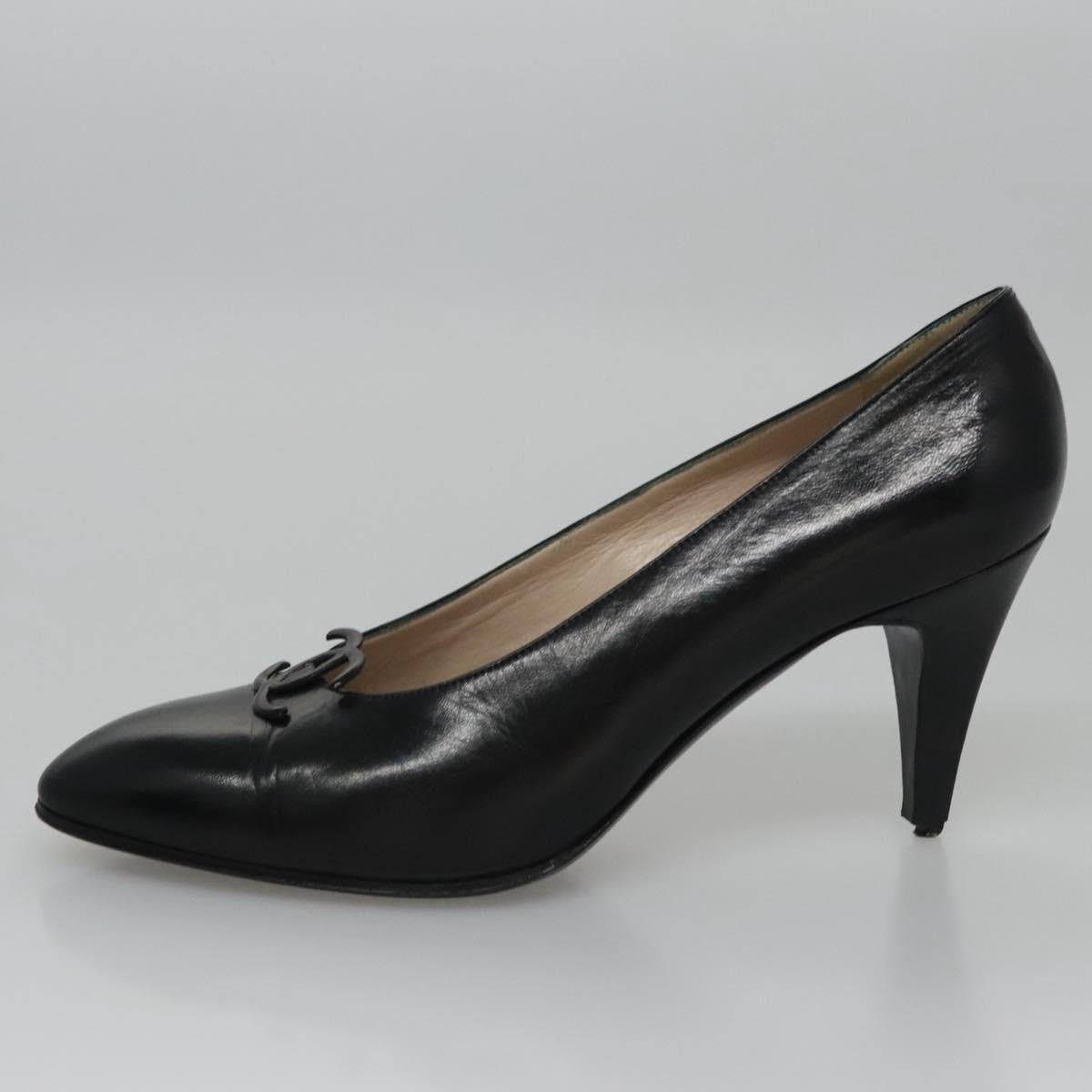 CHANEL COCO Mark Pumps shoes Leather 36 1/2 Black CC yk16951