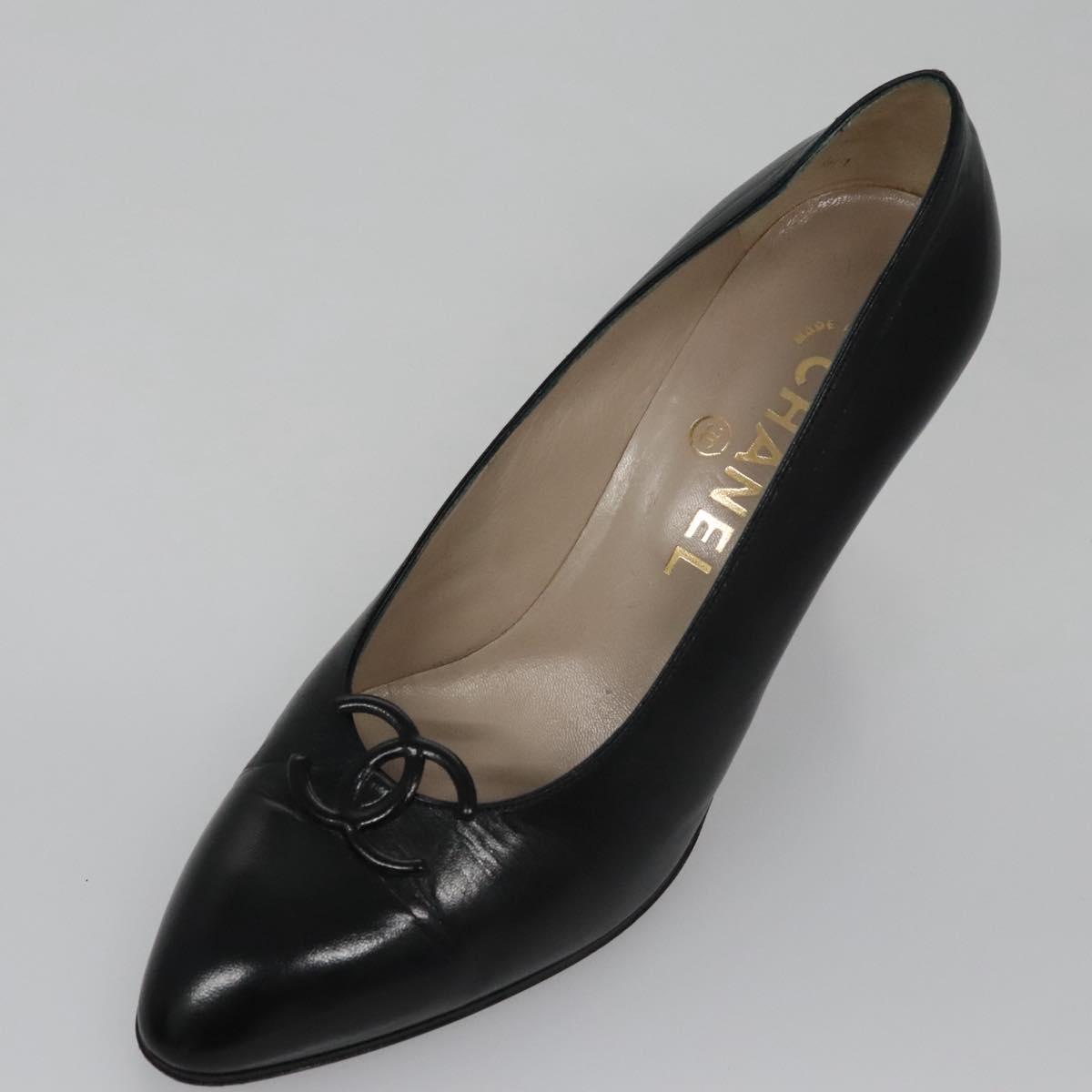 CHANEL COCO Mark Pumps shoes Leather 36 1/2 Black CC yk16951