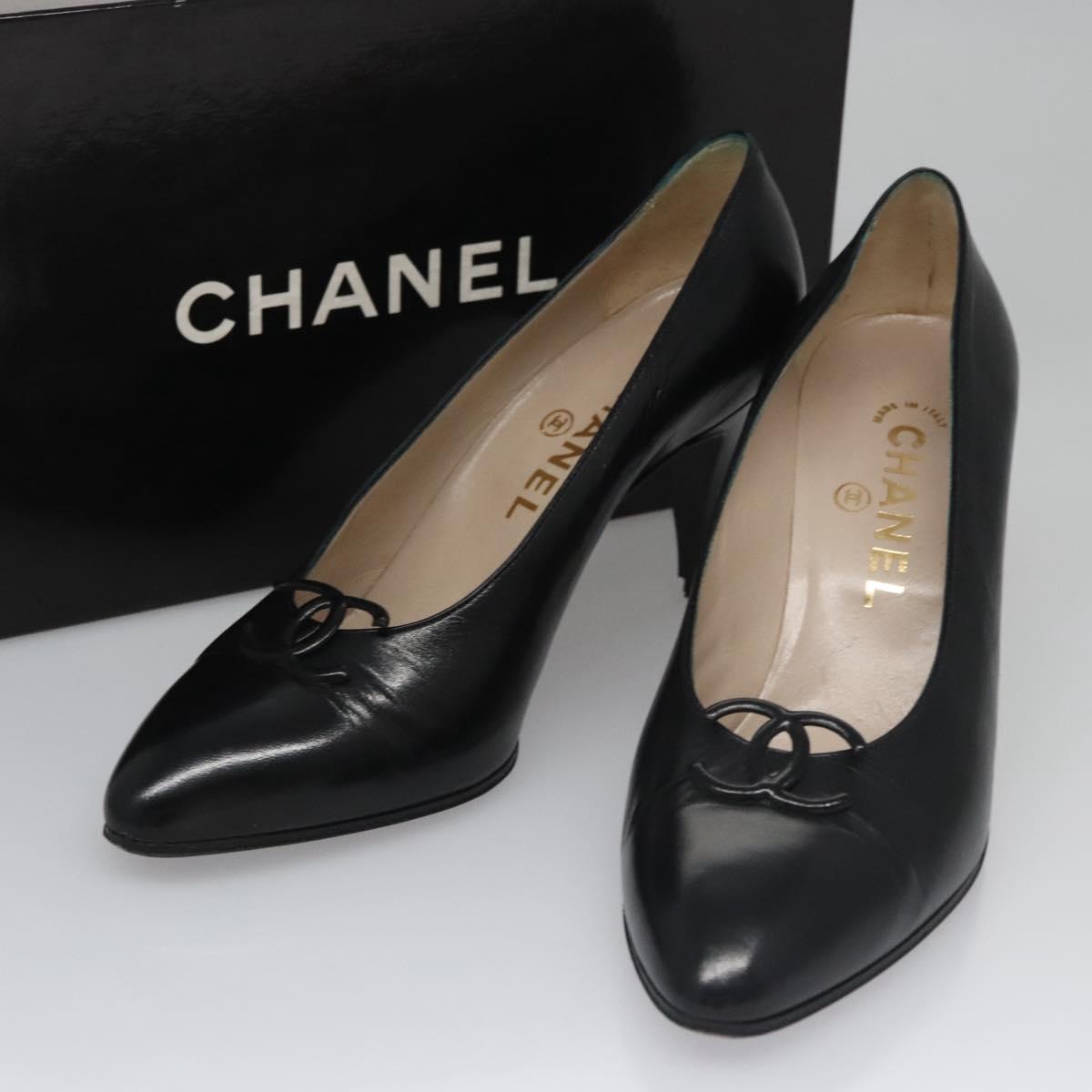 CHANEL COCO Mark Pumps shoes Leather 36 1/2 Black CC yk16951