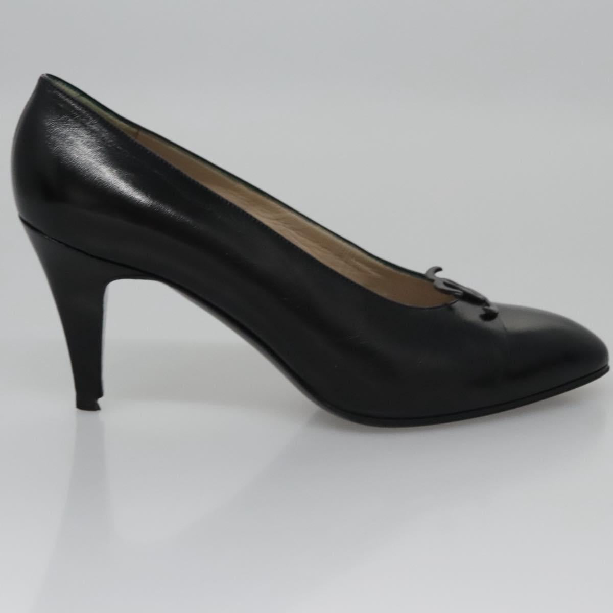 CHANEL COCO Mark Pumps shoes Leather 36 1/2 Black CC yk16951