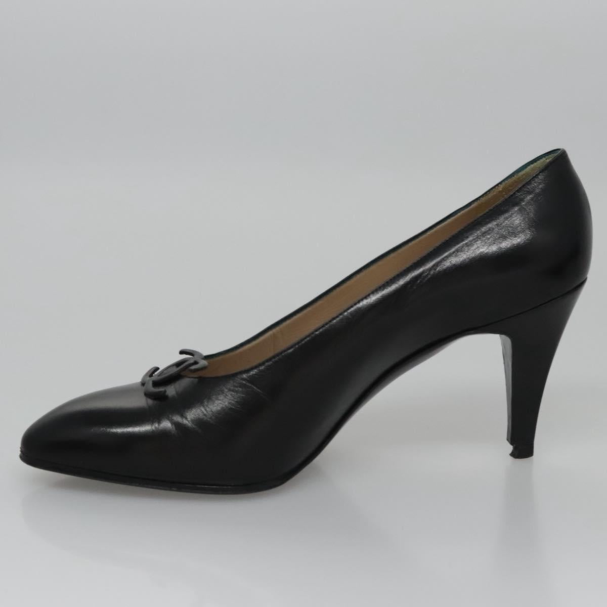 CHANEL COCO Mark Pumps shoes Leather 36 1/2 Black CC yk16951