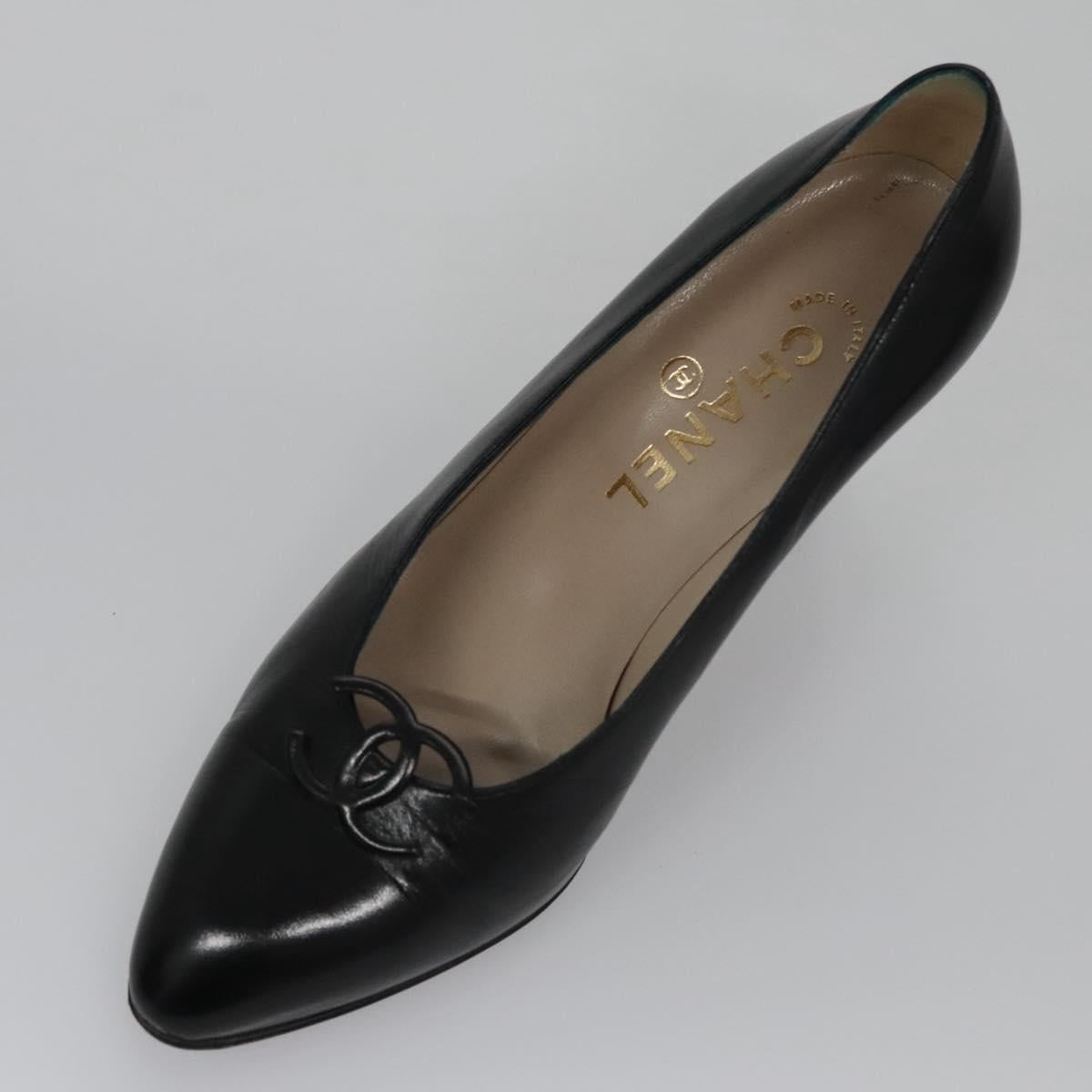 CHANEL COCO Mark Pumps shoes Leather 36 1/2 Black CC yk16951