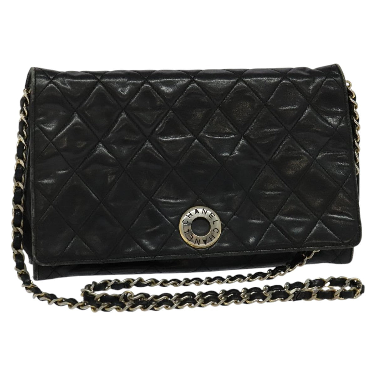 CHANEL Matelasse Chain Shoulder Bag Leather Black CC yk17057