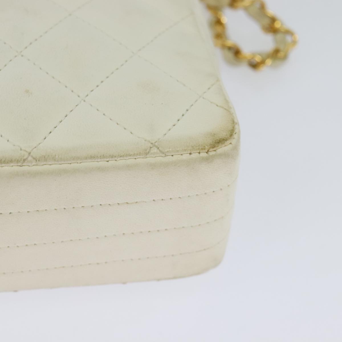CHANEL Matelasse Chain Shoulder Bag Lamb Skin White Gold CC yk17083
