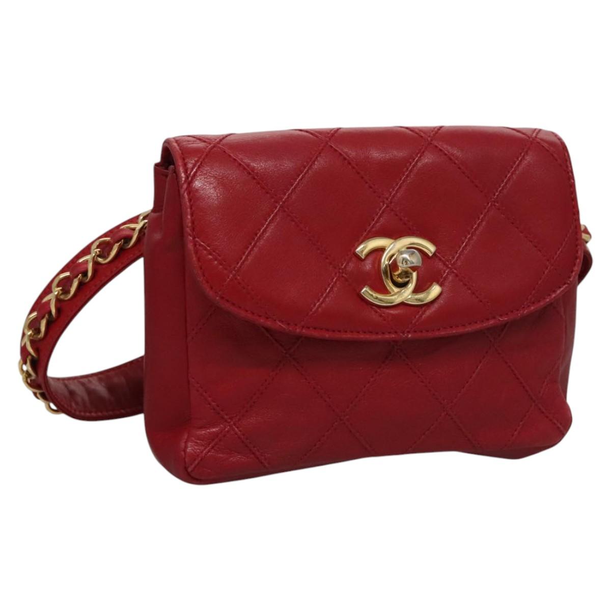 CHANEL Bicolore Chain Waist bag Leather Red Gold CC yk17115
