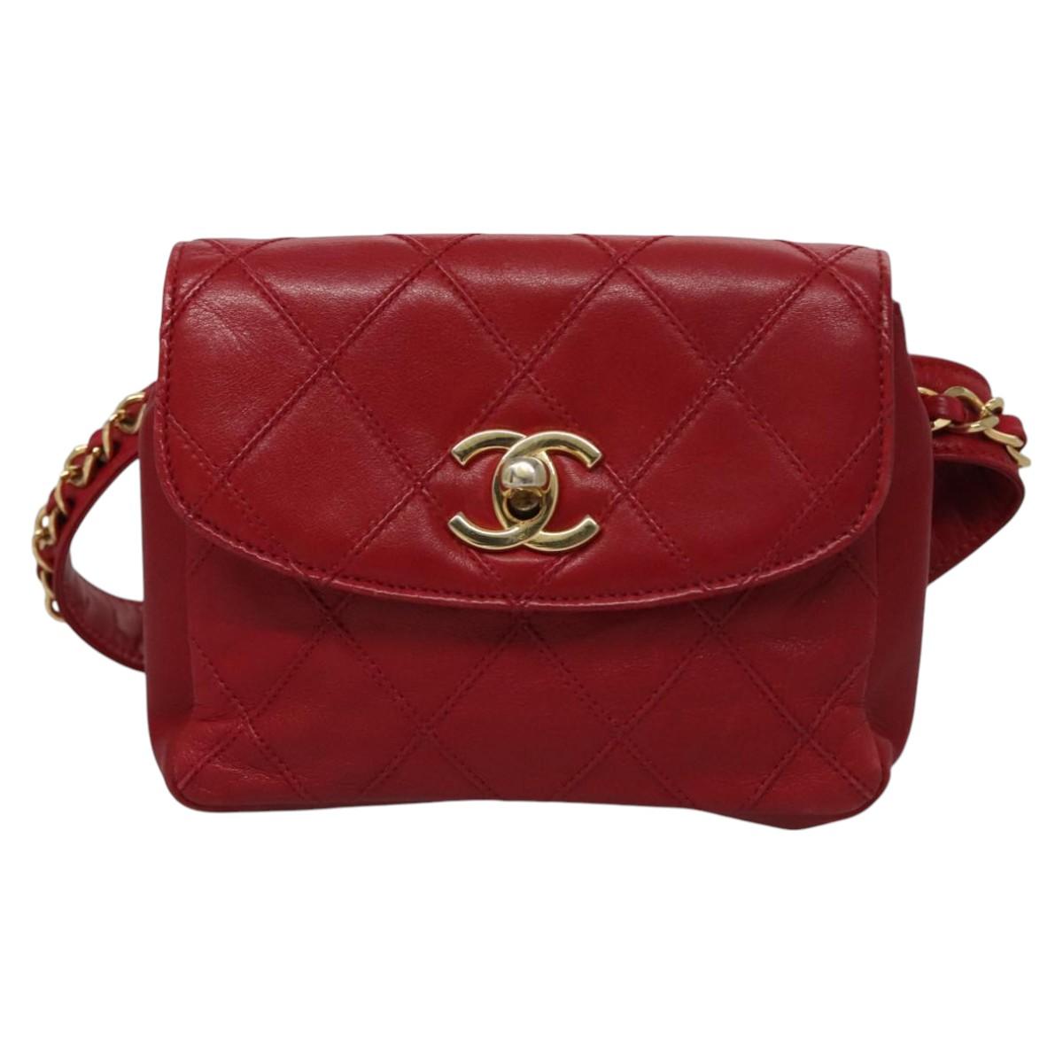 CHANEL Bicolore Chain Waist bag Leather Red Gold CC yk17115