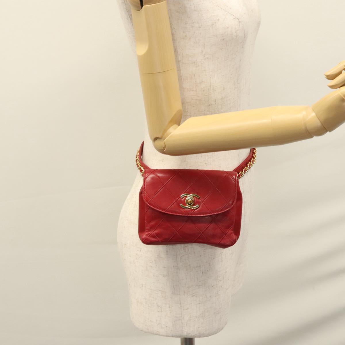 CHANEL Bicolore Chain Waist bag Leather Red Gold CC yk17115
