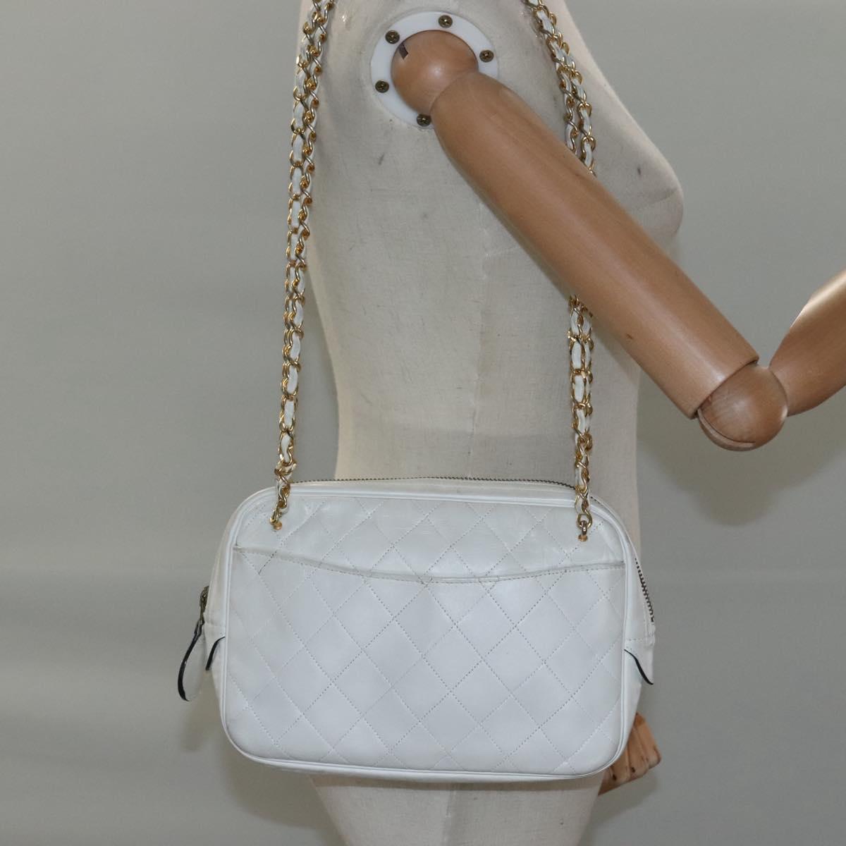 CHANEL Matelasse Chain Shoulder Bag Lamb Skin White Gold CC yk17150