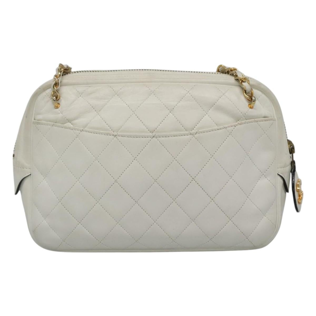 CHANEL Matelasse Chain Shoulder Bag Lamb Skin White Gold CC yk17150