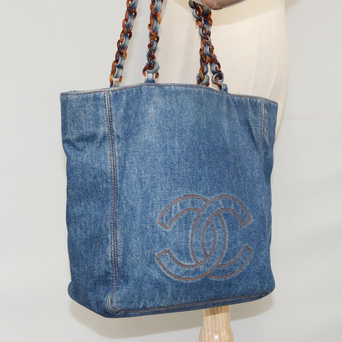 CHANEL COCO Mark Chain Tote Bag Denim Blue CC yk17183