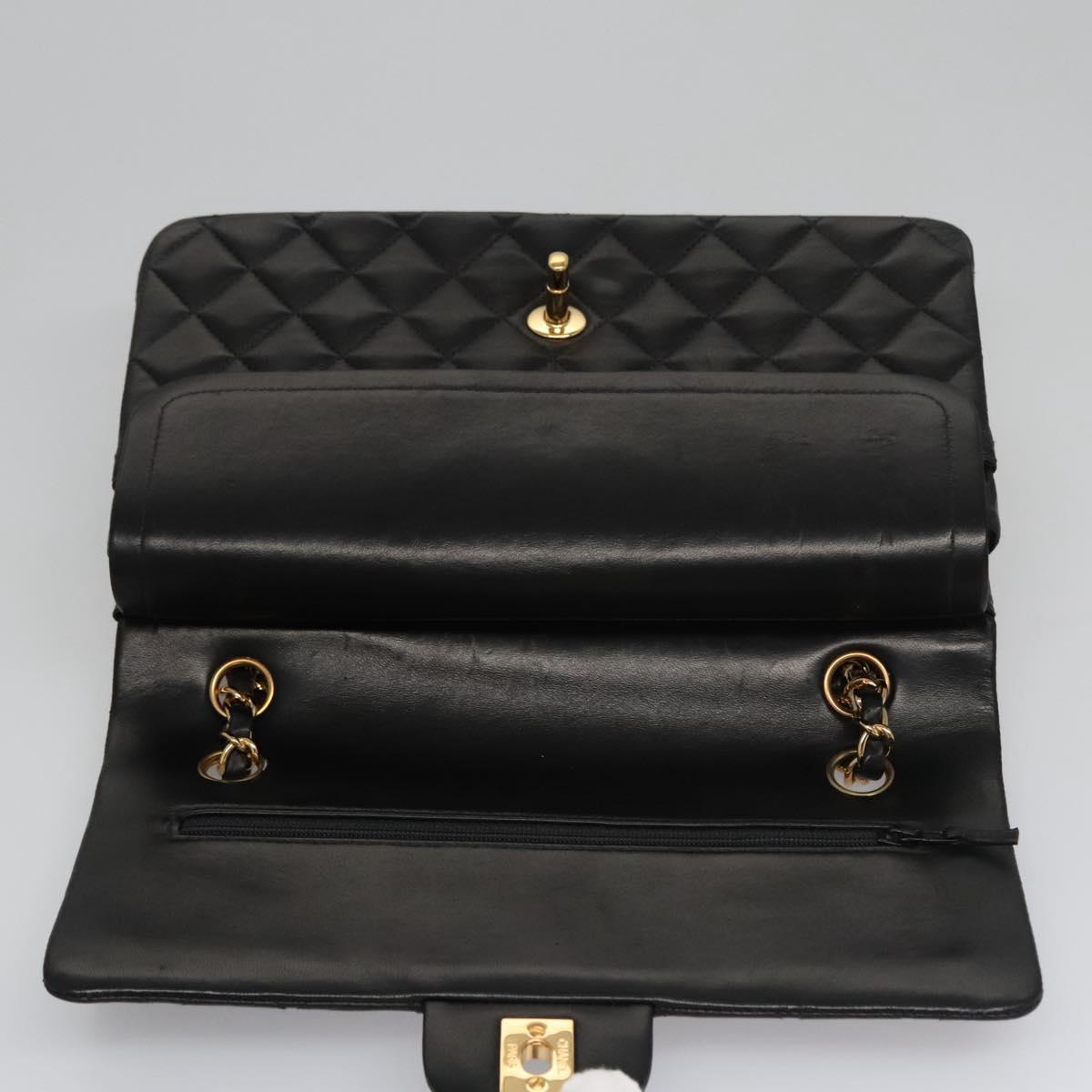 CHANEL Matelasse 25 Double Flap Chain Bag Lamb Skin Black Gold CC yk17220A