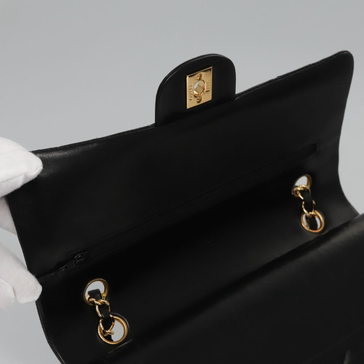 CHANEL Matelasse 25 Double Flap Chain Bag Lamb Skin Black Gold CC yk17220A