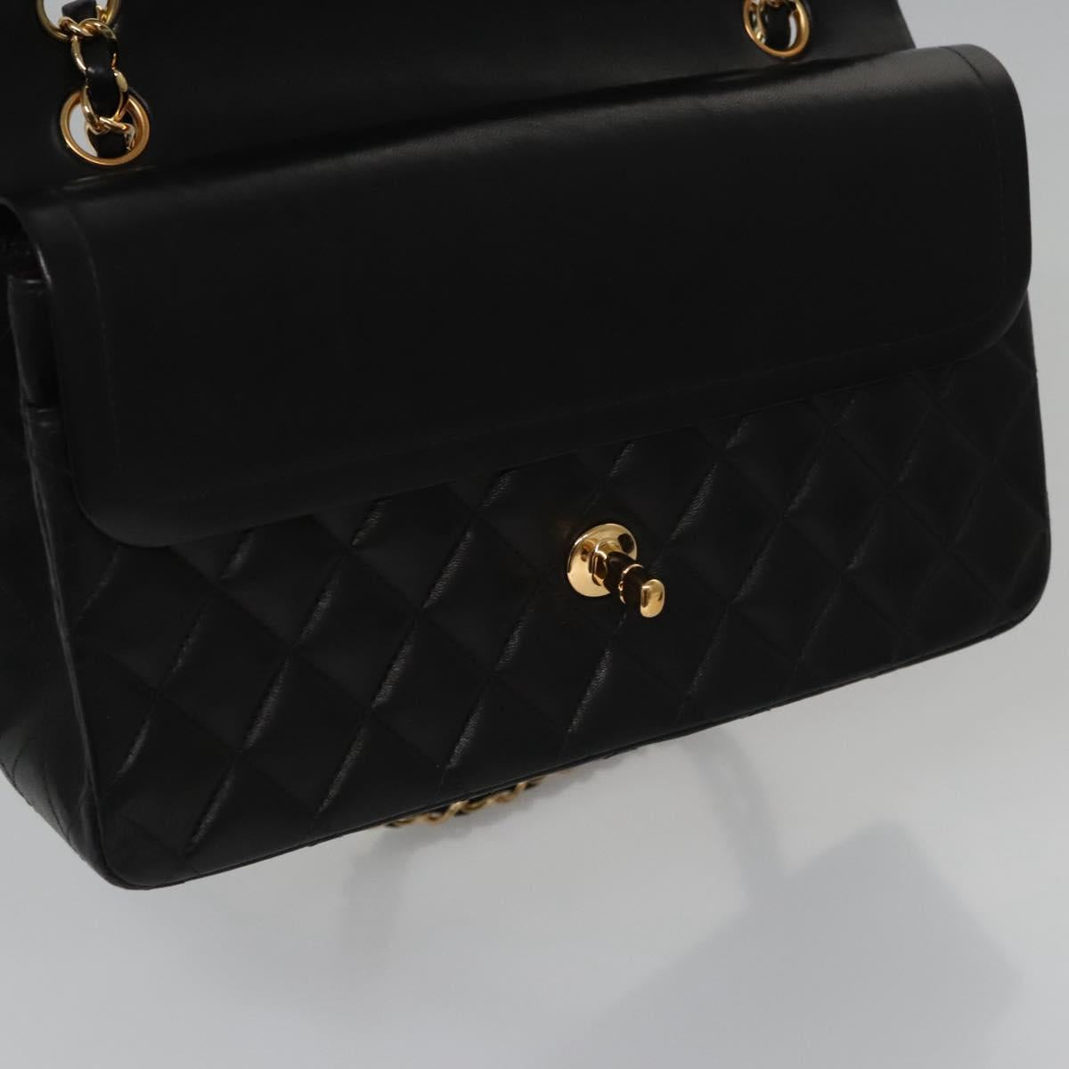 CHANEL Matelasse 25 Double Flap Chain Bag Lamb Skin Black Gold CC yk17220A