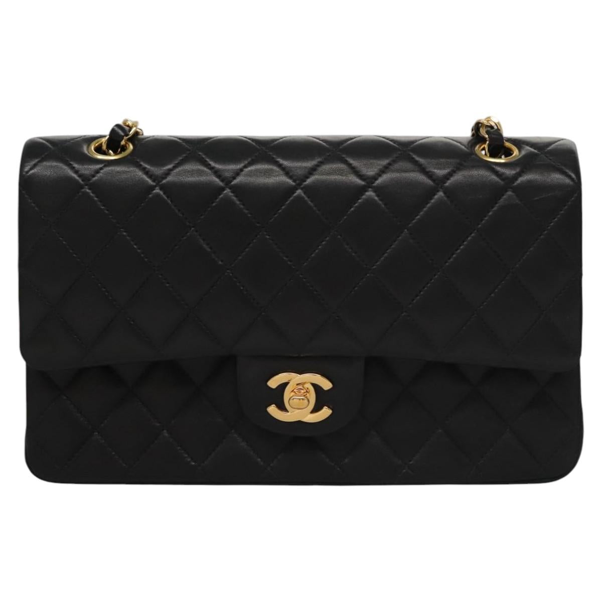 CHANEL Matelasse 25 Double Flap Chain Bag Lamb Skin Black Gold CC yk17220A