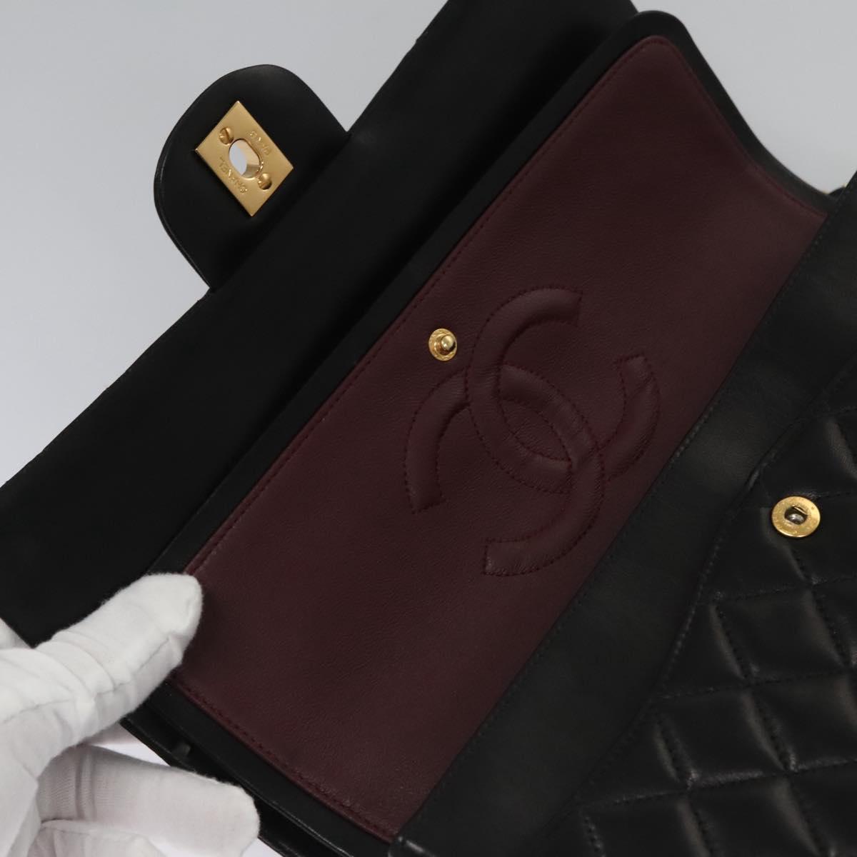 CHANEL Matelasse 25 Double Flap Chain Bag Lamb Skin Black Gold CC yk17220A