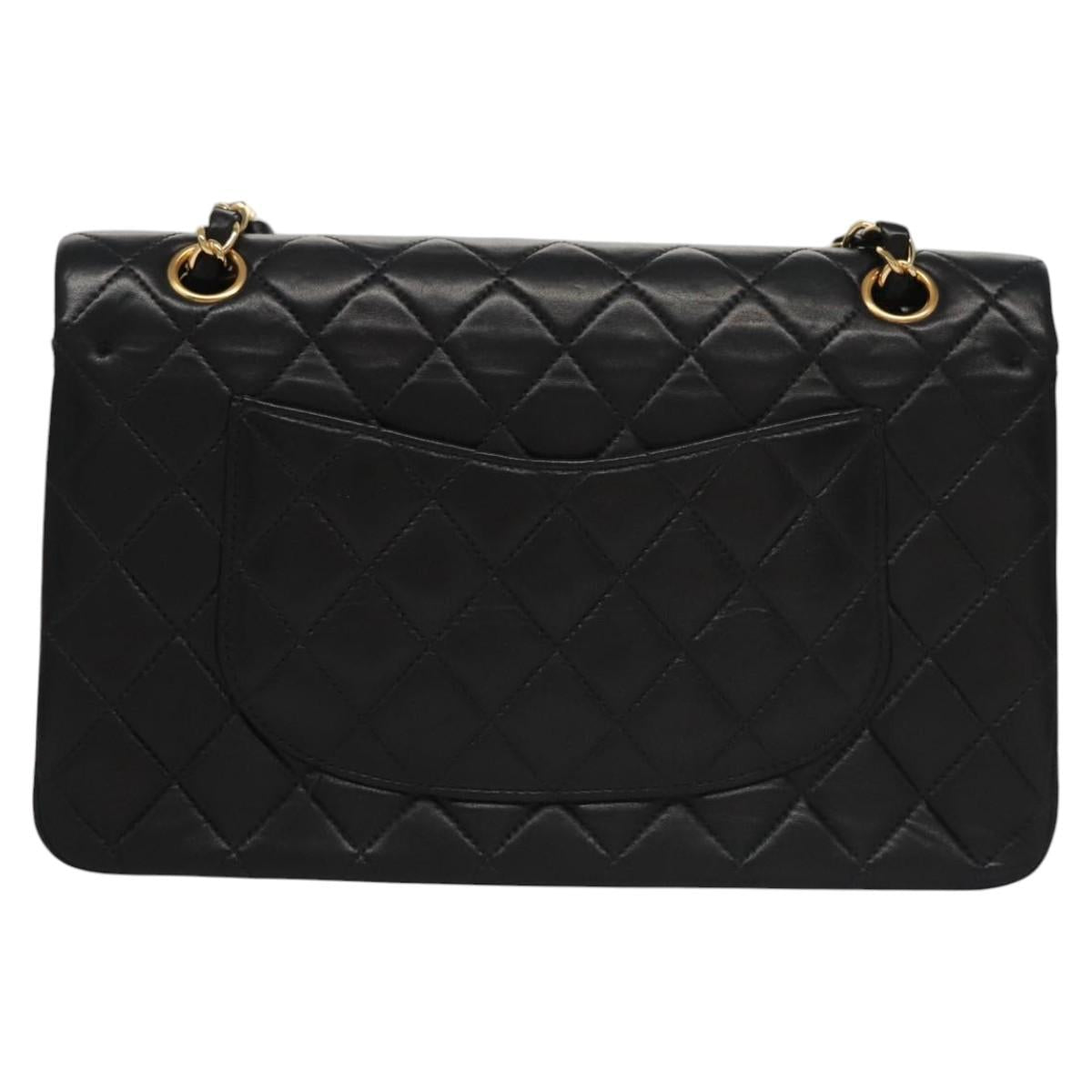 CHANEL Matelasse 25 Double Flap Chain Bag Lamb Skin Black Gold CC yk17220A