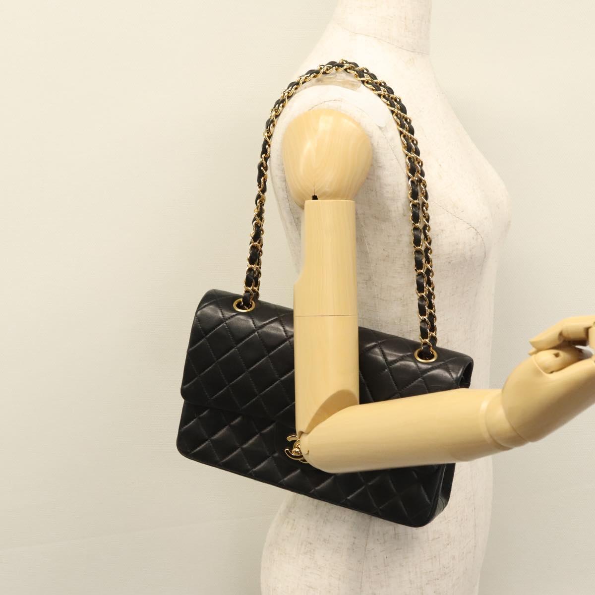 CHANEL Matelasse 25 Double Flap Chain Bag Lamb Skin Black Gold CC yk17220A