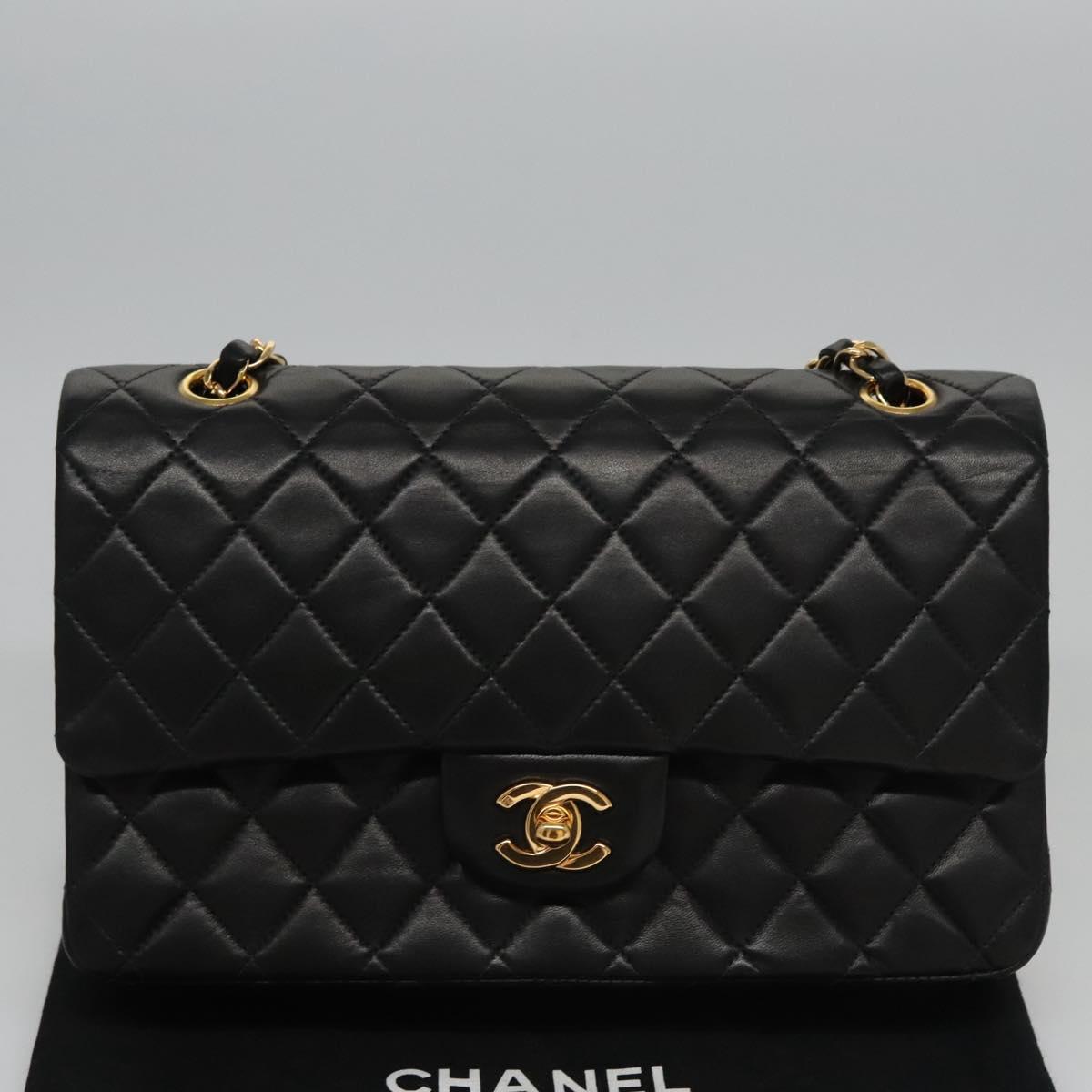 CHANEL Matelasse 25 Double Flap Chain Bag Lamb Skin Black Gold CC yk17220A