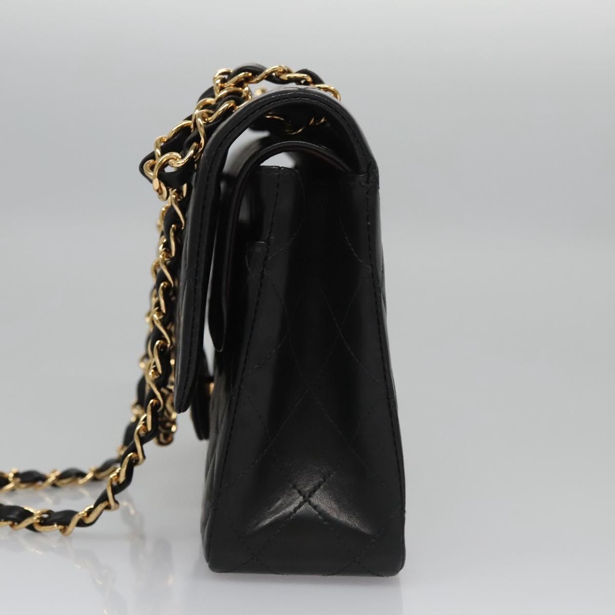 CHANEL Matelasse 25 Double Flap Chain Bag Lamb Skin Black Gold CC yk17220A
