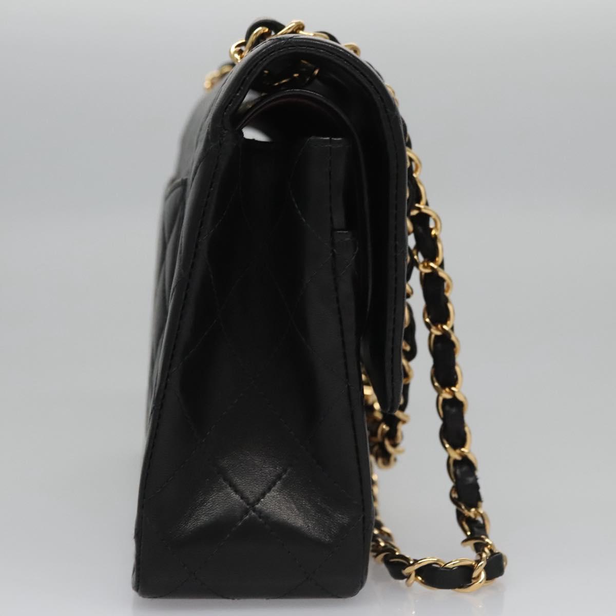 CHANEL Matelasse 25 Double Flap Chain Bag Lamb Skin Black Gold CC yk17220A