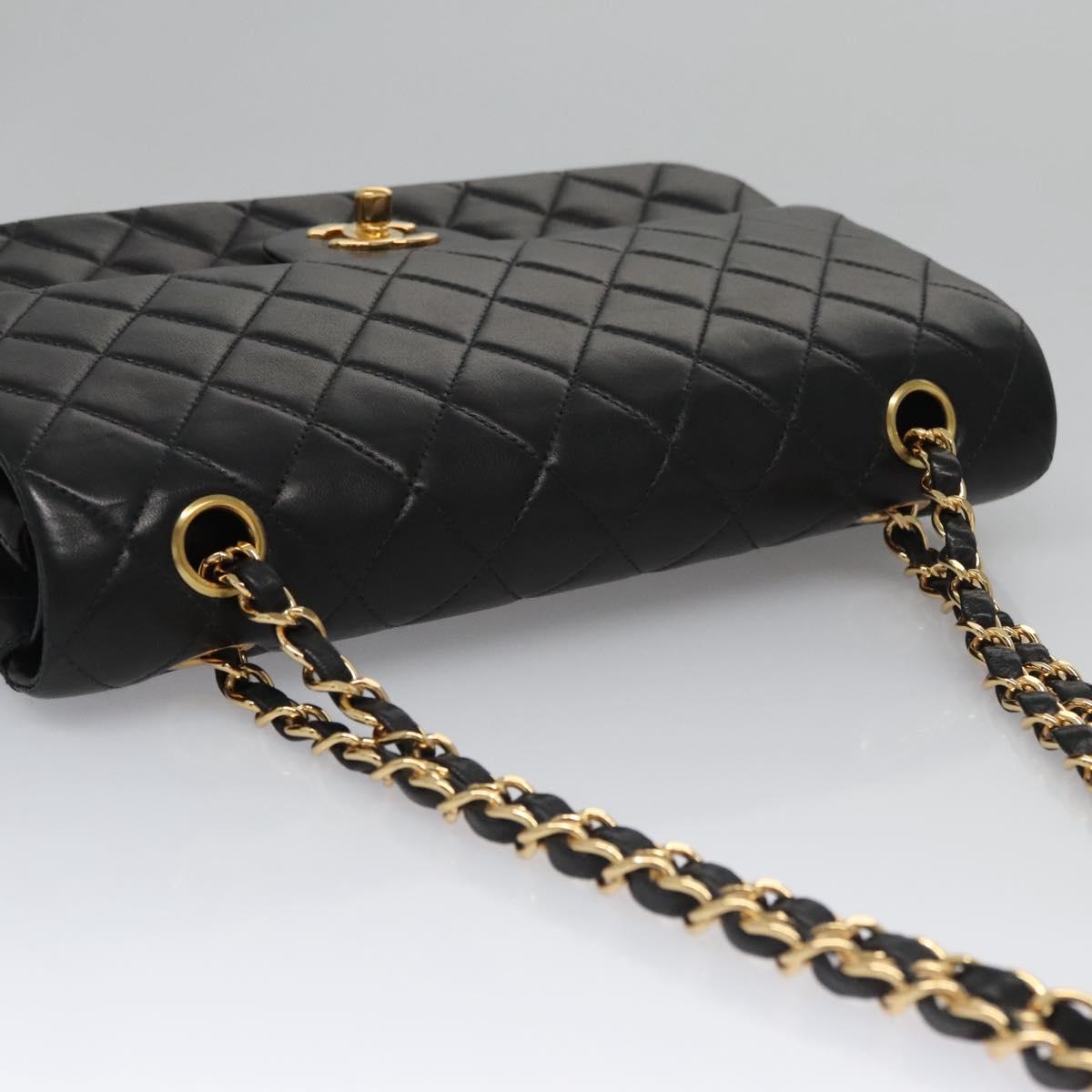 CHANEL Matelasse 25 Double Flap Chain Bag Lamb Skin Black Gold CC yk17220A