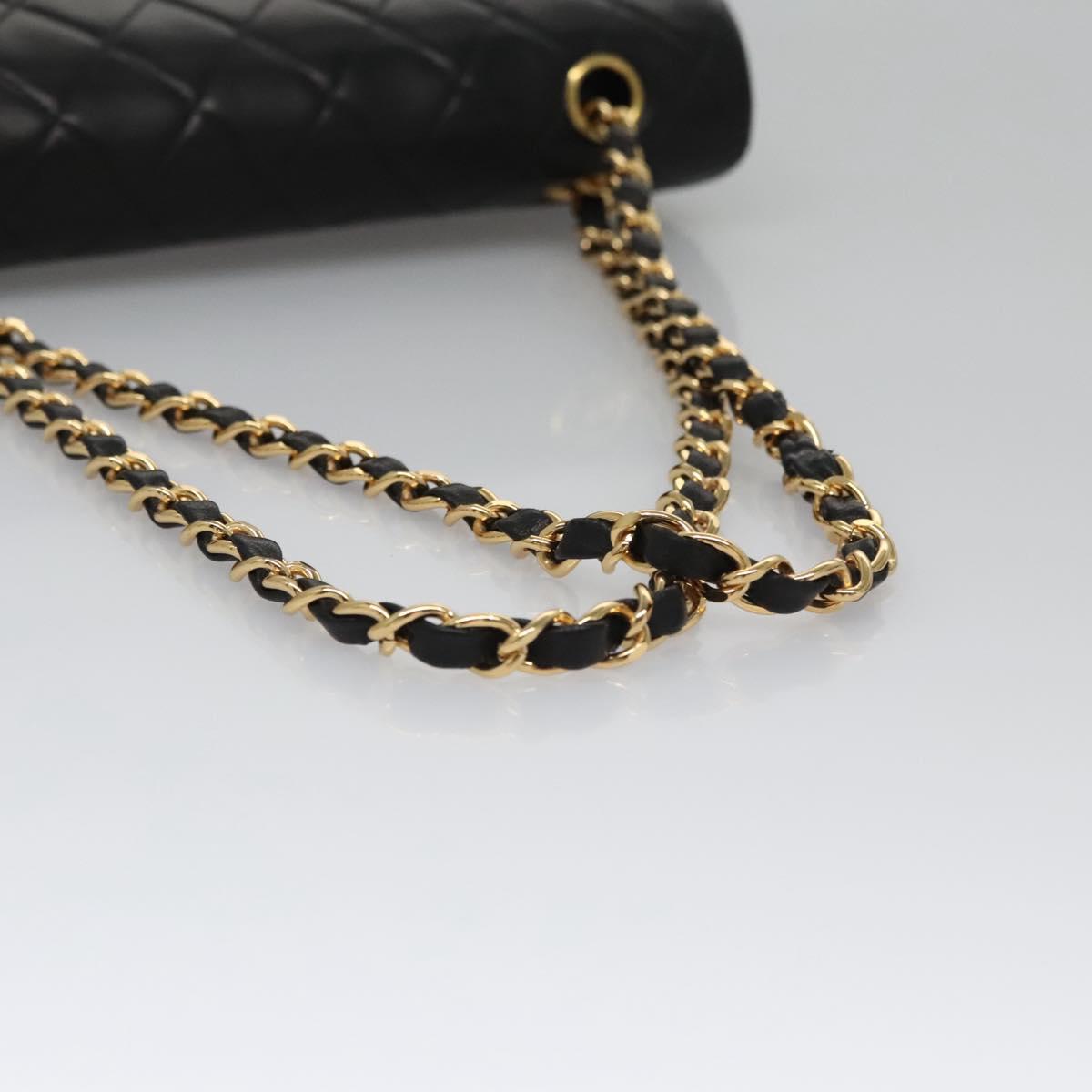 CHANEL Matelasse 25 Double Flap Chain Bag Lamb Skin Black Gold CC yk17220A
