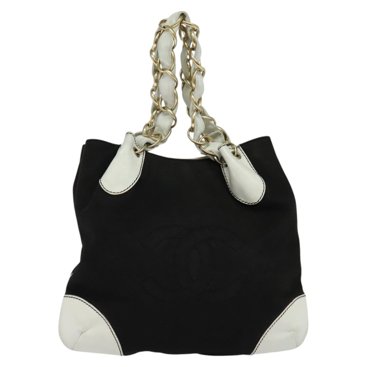 CHANEL COCO Mark Chain Tote Bag Canvas Leather Black White CC yk17264