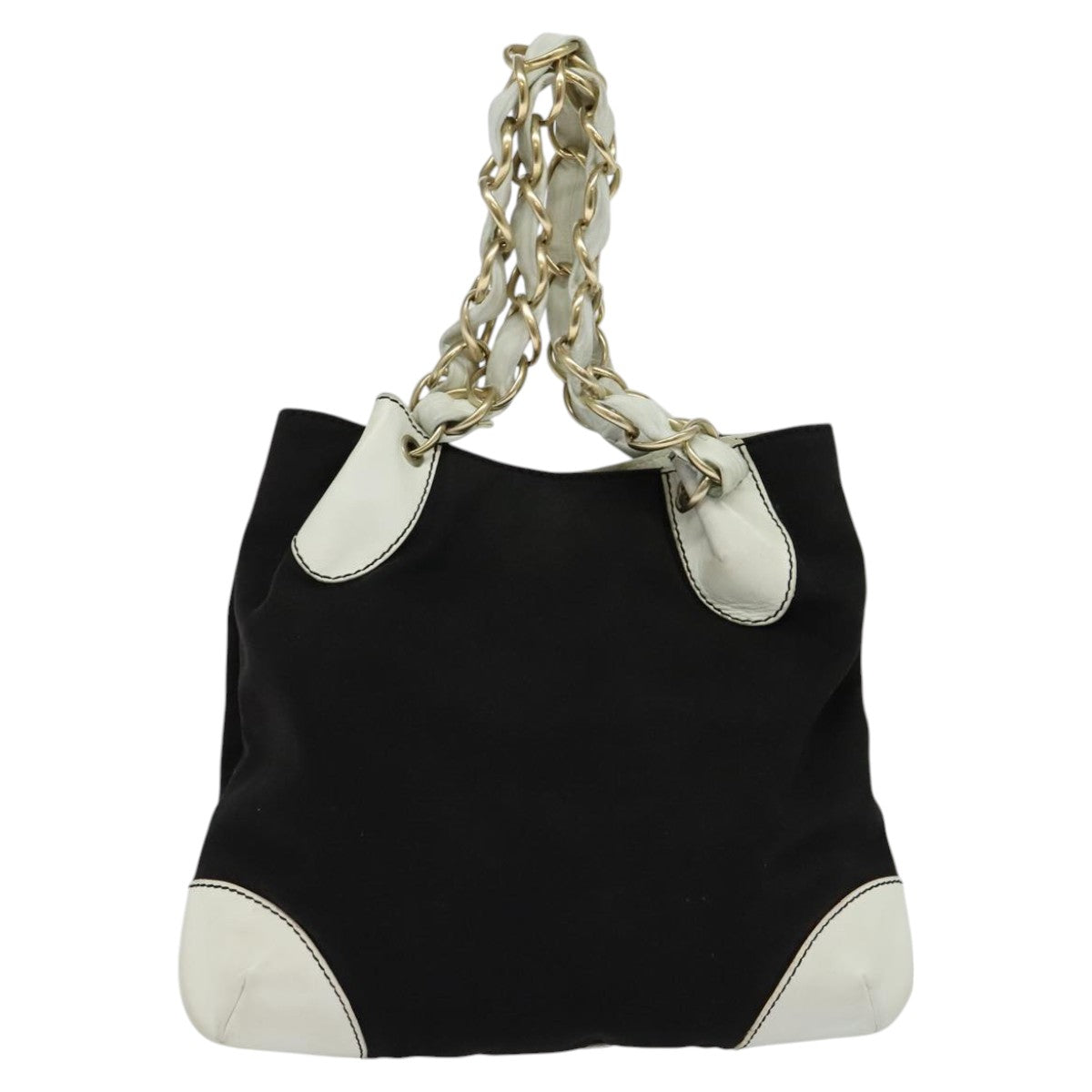 CHANEL COCO Mark Chain Tote Bag Canvas Leather Black White CC yk17264