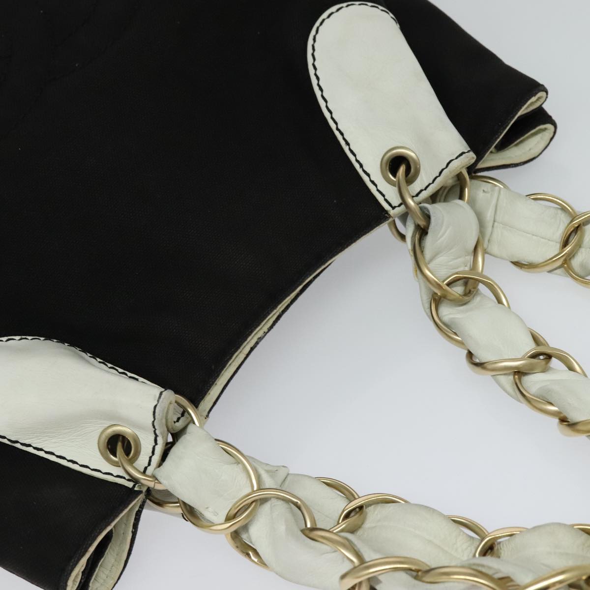 CHANEL COCO Mark Chain Tote Bag Canvas Leather Black White CC yk17264