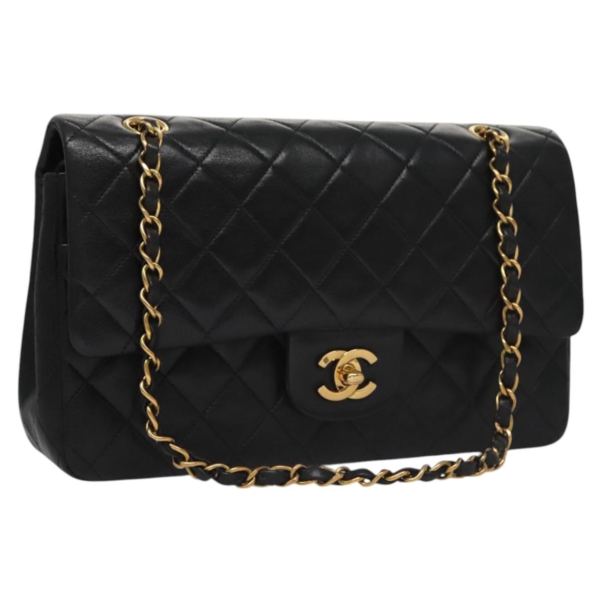CHANEL Matelasse 25 Double Flap Shoulder Bag Lamb Skin Black CC yk17459A