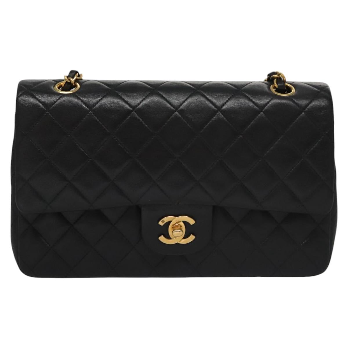 CHANEL Matelasse 25 Double Flap Shoulder Bag Lamb Skin Black CC yk17459A