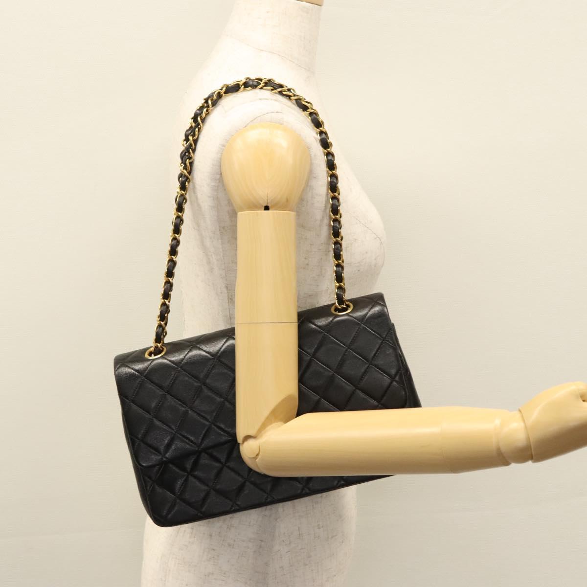 CHANEL Matelasse 25 Double Flap Shoulder Bag Lamb Skin Black CC yk17459A