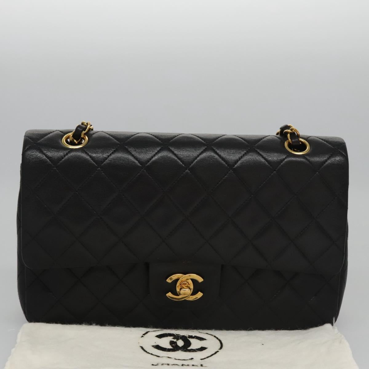 CHANEL Matelasse 25 Double Flap Shoulder Bag Lamb Skin Black CC yk17459A