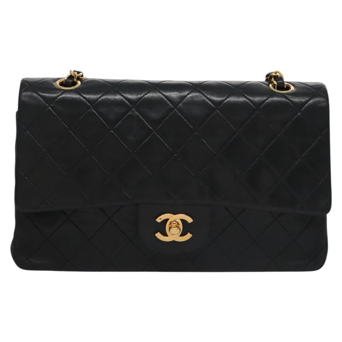 CHANEL Matelasse 25 Double Flap Shoulder Bag Lamb Skin Black CC yk17461A