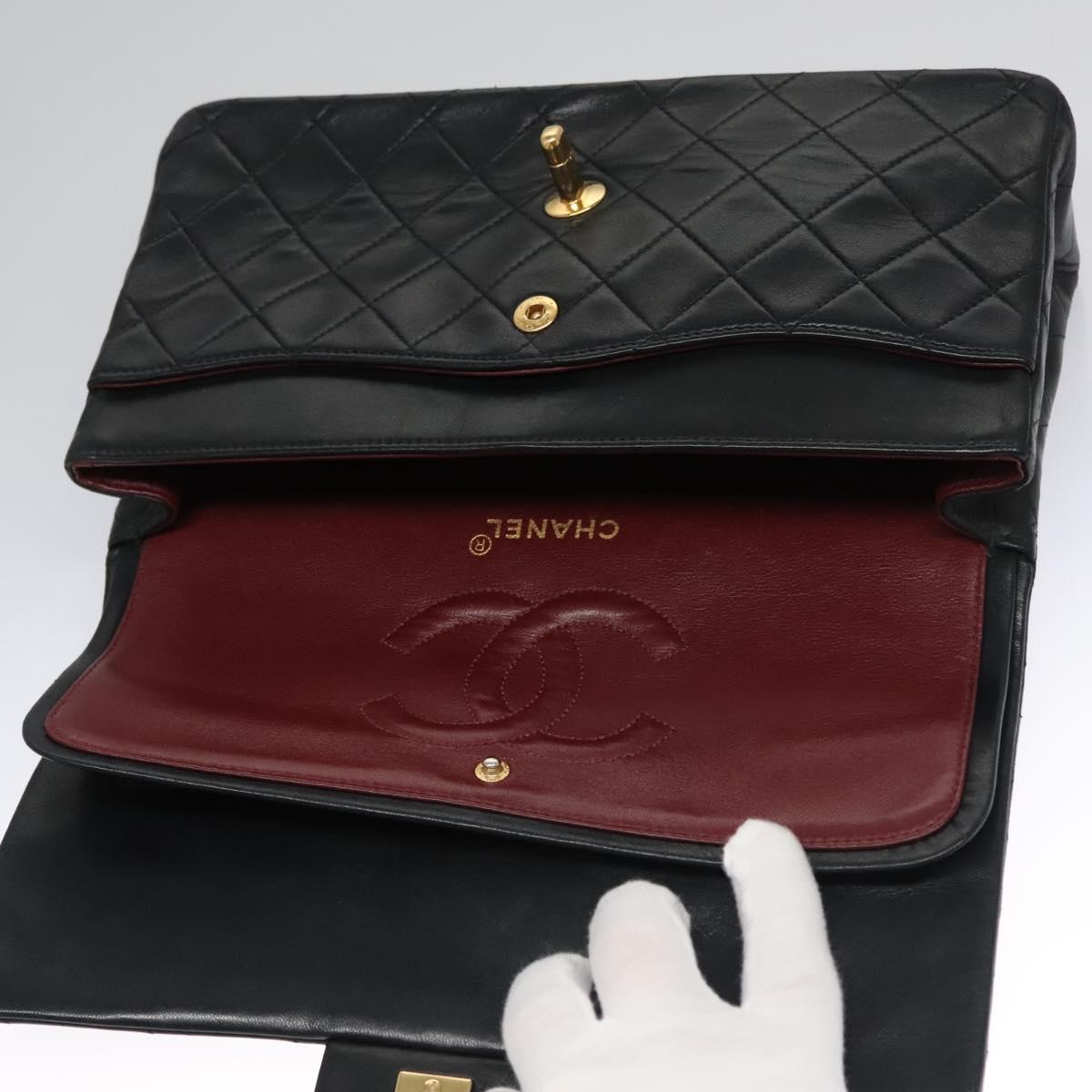 CHANEL Matelasse 25 Double Flap Shoulder Bag Lamb Skin Black CC yk17461A