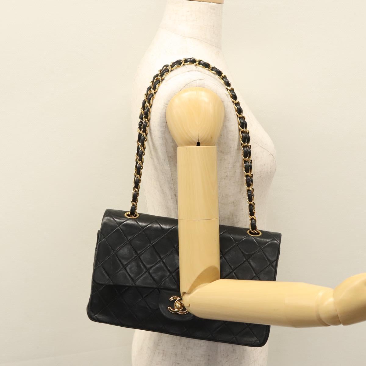 CHANEL Matelasse 25 Double Flap Shoulder Bag Lamb Skin Black CC yk17461A