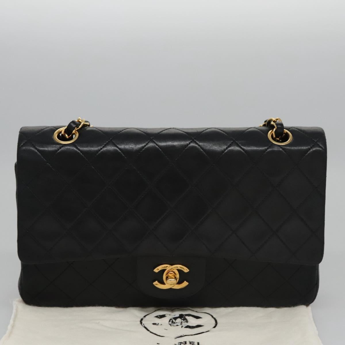 CHANEL Matelasse 25 Double Flap Shoulder Bag Lamb Skin Black CC yk17461A